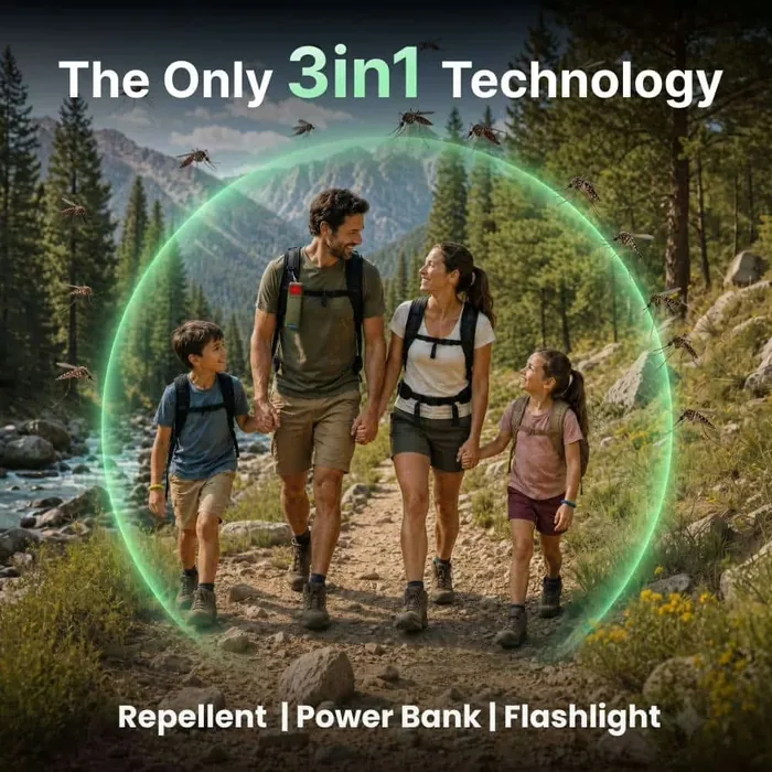 A family of four walking a mountain trail with backpacks inside a green protection dome, with mosquitoes held outside it