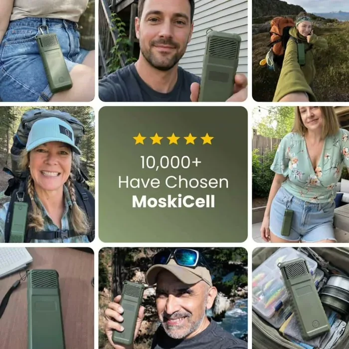 Grid of customer photos using the MoskiCell unit outdoors, with a five star tile in the middle