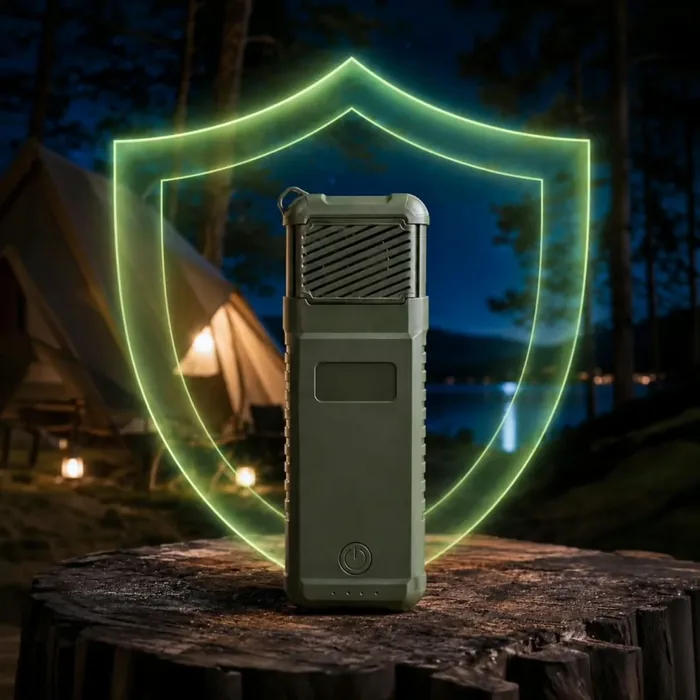 The MoskiCell unit resting on a tree stump at night in front of lit tents beside a lake, with a green shield drawn behind it