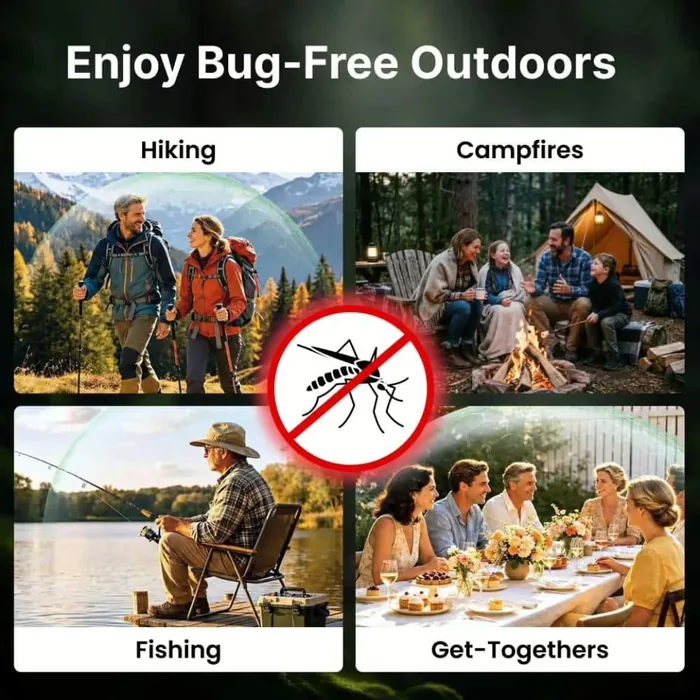 Four scenes of outdoor evenings, hiking a mountain trail, a camp fire beside a tent, fishing at a lake and a long table of people eating outside
